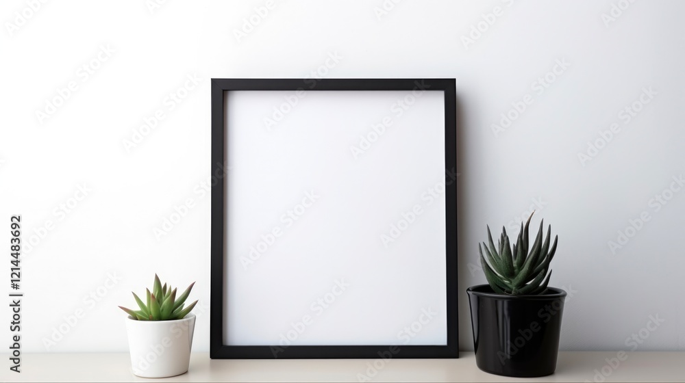 Black Square Frame Mockup with Home Decor and Plants. White Shelf and Wall in Background with Blank Copy Space for Design Black Square Frame Mockup with Home Decor and Plants. White Shelf and Wall in Background with Blank Copy Space for Design