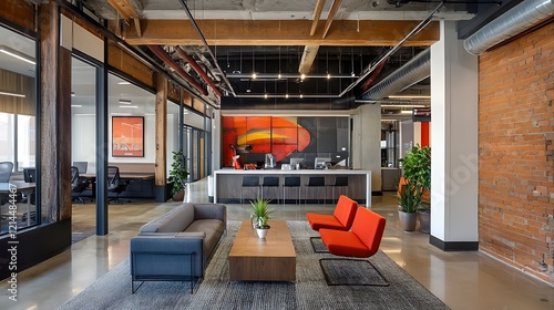 Modern Office Lobby Design: Exposed Brick, Warm Lighting, and Comfortable Seating