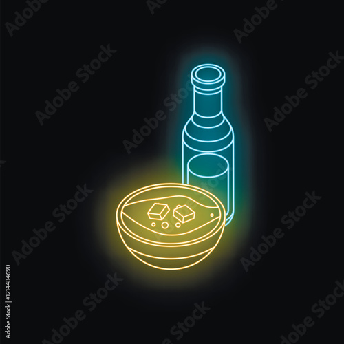 Glowing neon sign showcasing a bowl of miso soup with tofu and a bottle of sake against a dark backdrop