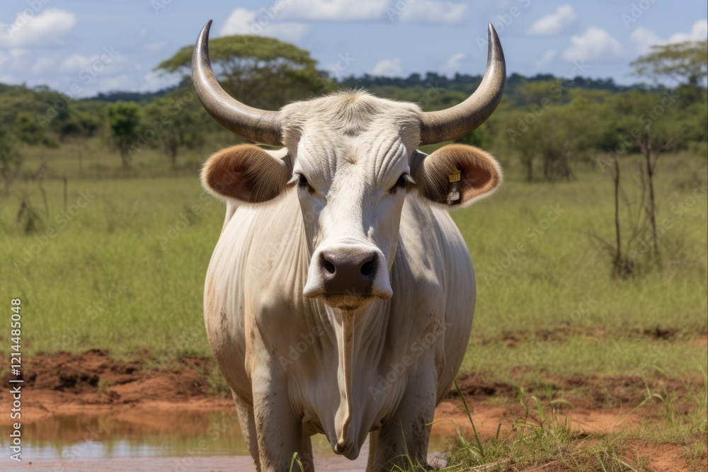 Brahman Bull Grazing in a Brazilian Meadow: Close-up Portrait of a Majestic White Quadruped on the Ranch Brahman Bull Grazing in a Brazilian Meadow: Close-up Portrait of a Majestic White Quadruped on the Ranch