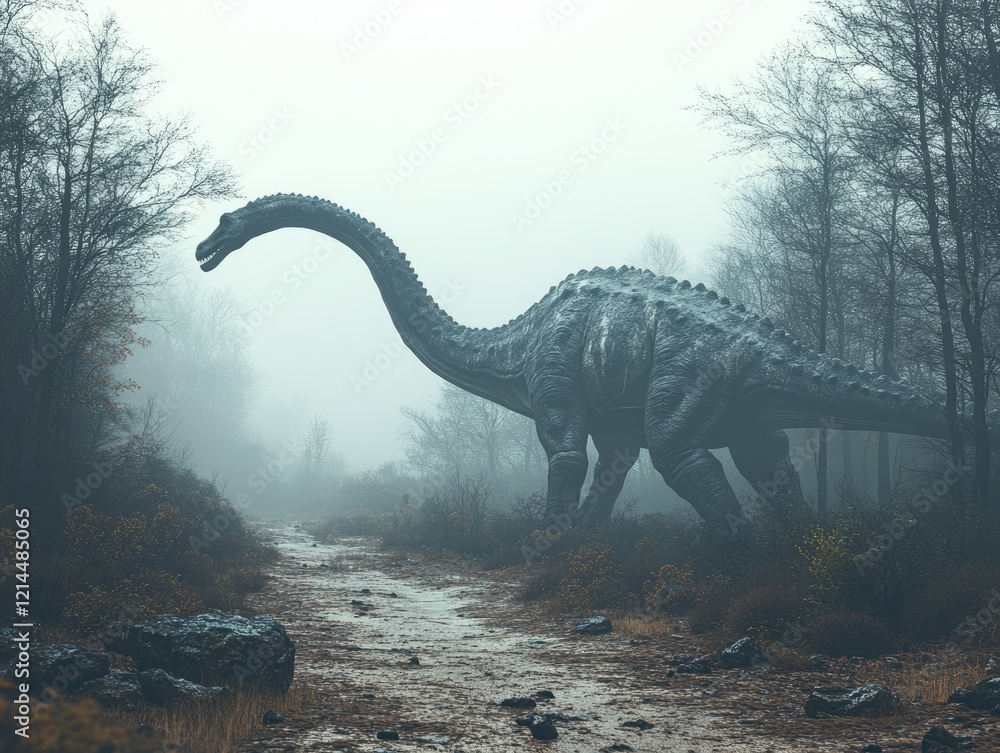 Fototapeta premium Misty Forest Dinosaur; Prehistoric Creature Roaming; Nature Background; Stock Image