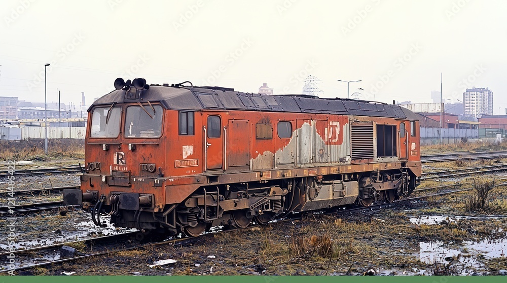 Fototapeta premium Weathered Red Diesel Locomotive in Industrial Decay