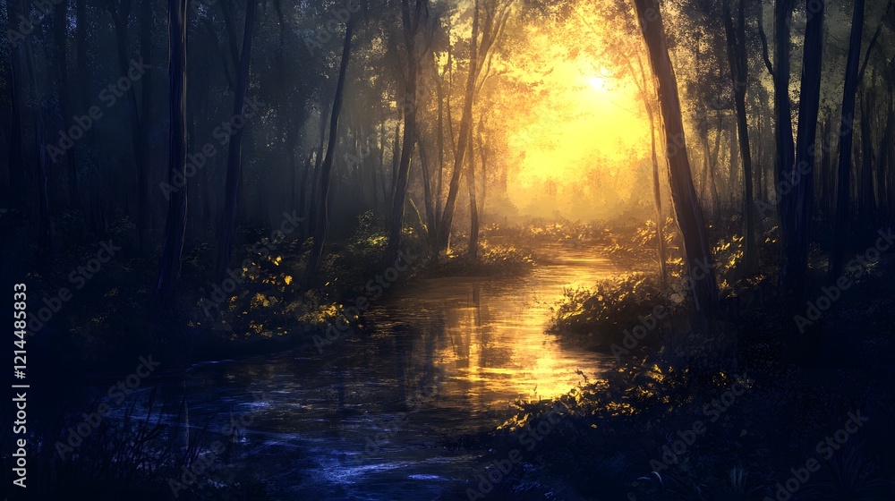 Obraz premium Golden Sunset Forest River Landscape