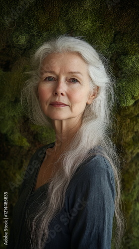 Older woman with pale skin, long white hair, and crow's feet, isolated on a moss-green background, natural textures and shadows. Vertical photo Women's day, Mother's day photo