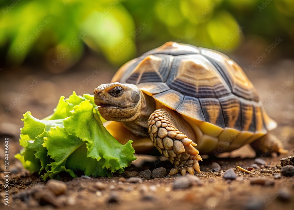 Obraz premium Minimalist Horsefield Tortoise Reaching for Lettuce Leaf - Stock Photo