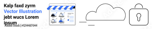 Online storefront interface linked with cloud storage and a security lock icon. Ideal for e-commerce, data security, cloud computing, online shopping, technology solutions, digital privacy, web