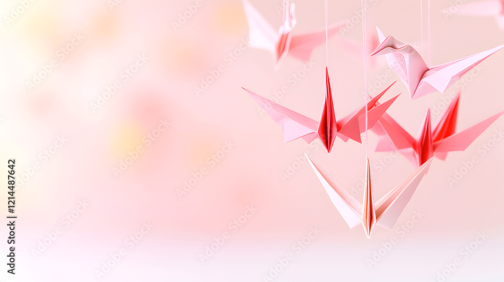 Delicate pink and red origami cranes hang gracefully against a soft pastel background, perfect for themes of creativity, minimalism, and handmade art. Selective focus Delicate pink and red origami cranes hang gracefully against a soft pastel background, perfect for themes of creativity, minimalism, and handmade art. Selective focus