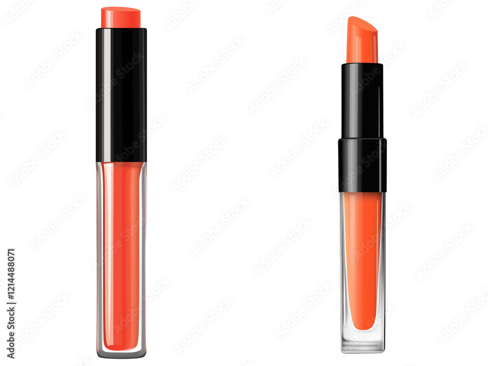 Set of a glossy lip gloss with an elongated black cap and vibrant coral color, isolated on transparent background.