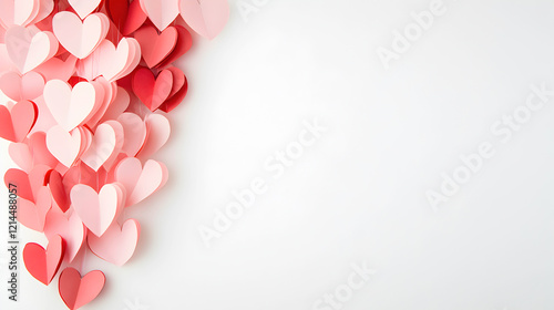 Charming and artistic Valentine's Day arrangement with three-dimensional paper hearts elegantly positioned on one side, leaving space for customizable text or promotional messages. Selective focus