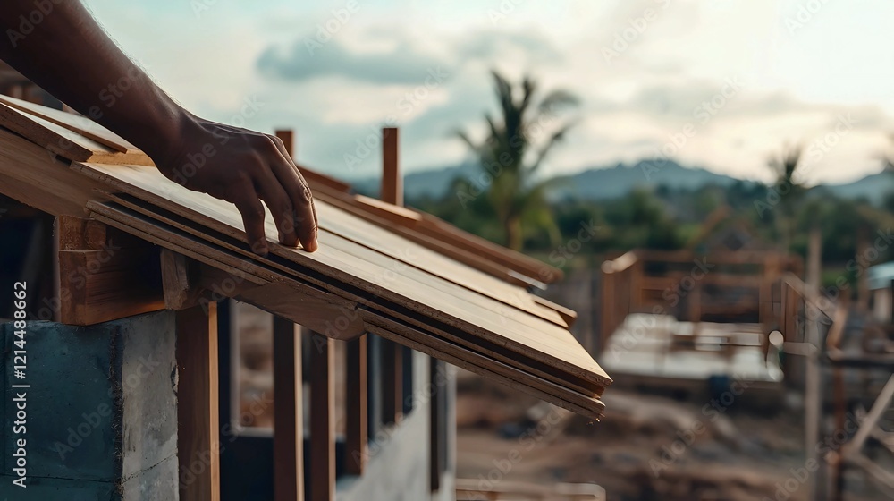Obraz premium A hand carefully positions a wooden plank, building a roof under a serene sunset sky. The scene evokes a sense of peace and craftsmanship, showcasing diligent work in nature's embrace.