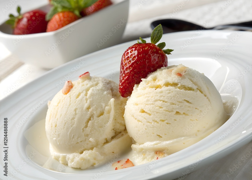 ice cream vanilla with strawberry in a white plate ice cream vanilla with strawberry in a white plate
