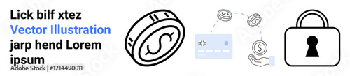 Currency symbols, credit card, exchanging money icons, and a lock portraying financial security. Ideal for online banking, digital transactions, cybersecurity, finance management, e-commerce fintech