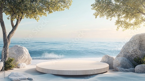 Tree wood and stone podium on a serene sandy beach, perfect for product displays, with a clean, minimal design and plenty of copy space.