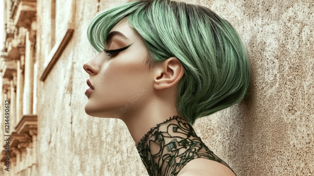 Fototapeta premium Elegant Profile with Green Hair and Lace