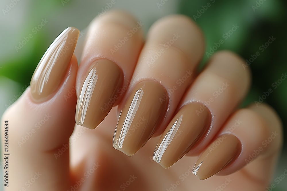 A close-up of a woman's hand with a fresh nude manicure. A close-up of a woman's hand with a fresh nude manicure.