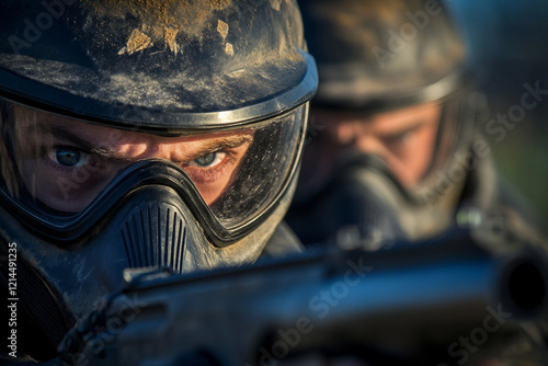 Close-Up of Paintball Players in Action, Wearing Protective Masks and Gear, Generative AI art photo