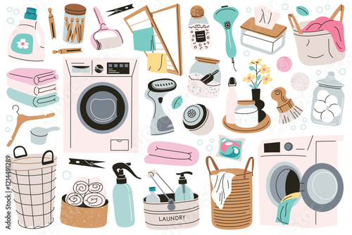 Laundry vector illustrations set, doodle collection of washing machines, detergents, clean towels, baskets, cleaning tools for home, household equipment and fabric care, storage orginization at home