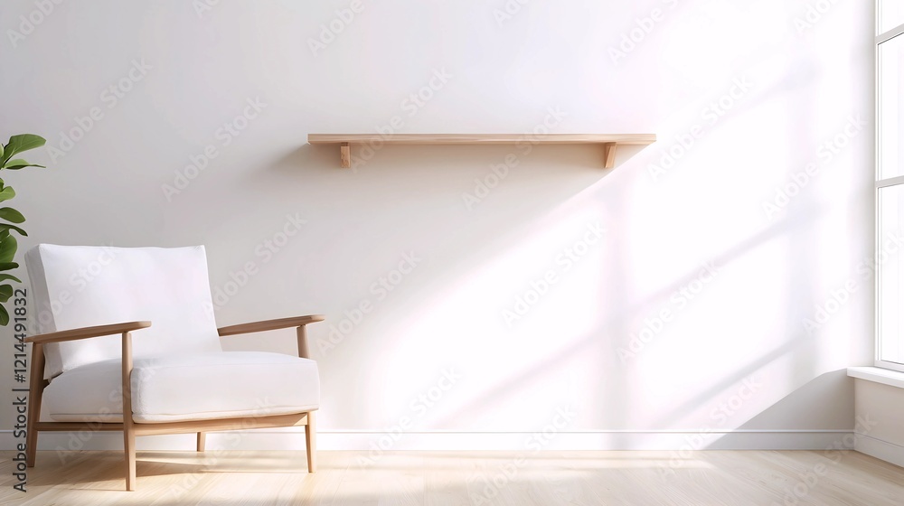 Fototapeta premium Serene Minimalist Living Room: A white armchair and light wood shelf bathed in sunlight against a calming white wall create a peaceful atmosphere, perfect for relaxation and quiet contemplation.
