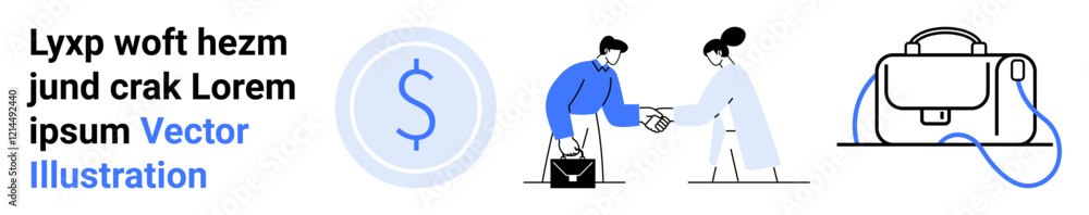 Dollar icon, two people shaking hands, and a bag with a handle. Ideal for business, finance, partnerships, corporate dealings, professional services, money transactions, marketing. Landing page Dollar icon, two people shaking hands, and a bag with a handle. Ideal for business, finance, partnerships, corporate dealings, professional services, money transactions, marketing. Landing page
