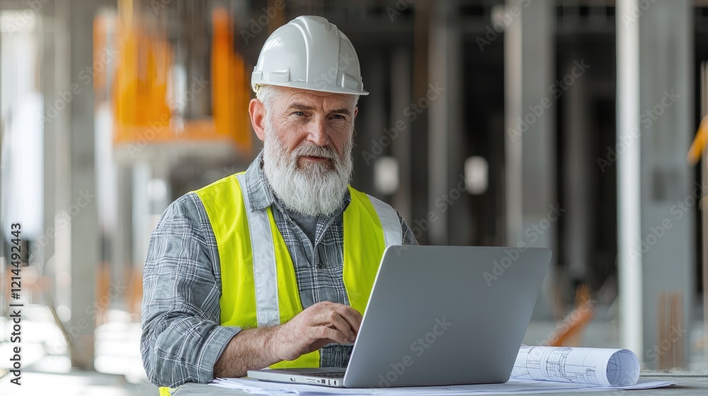 Senior engineer reviewing blueprints on laptop at construction site. Use website, article Senior engineer reviewing blueprints on laptop at construction site. Use website, article