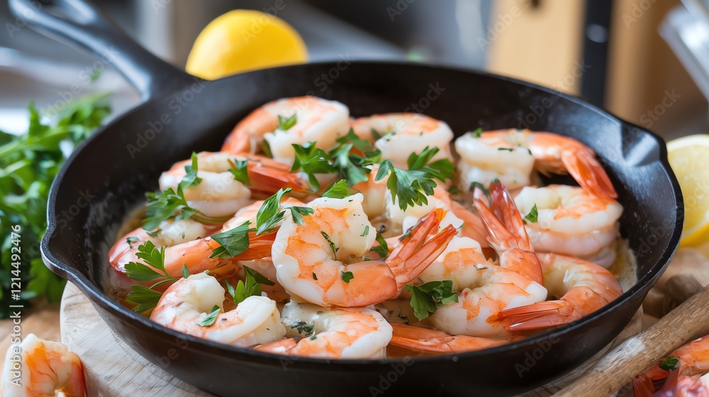 A delicious dish of shrimp cooked in a cast iron skillet, garnished with fresh parsley and accompanied by lemon. Perfect for seafood lovers looking to savor a flavorful meal. A delicious dish of shrimp cooked in a cast iron skillet, garnished with fresh parsley and accompanied by lemon. Perfect for seafood lovers looking to savor a flavorful meal.