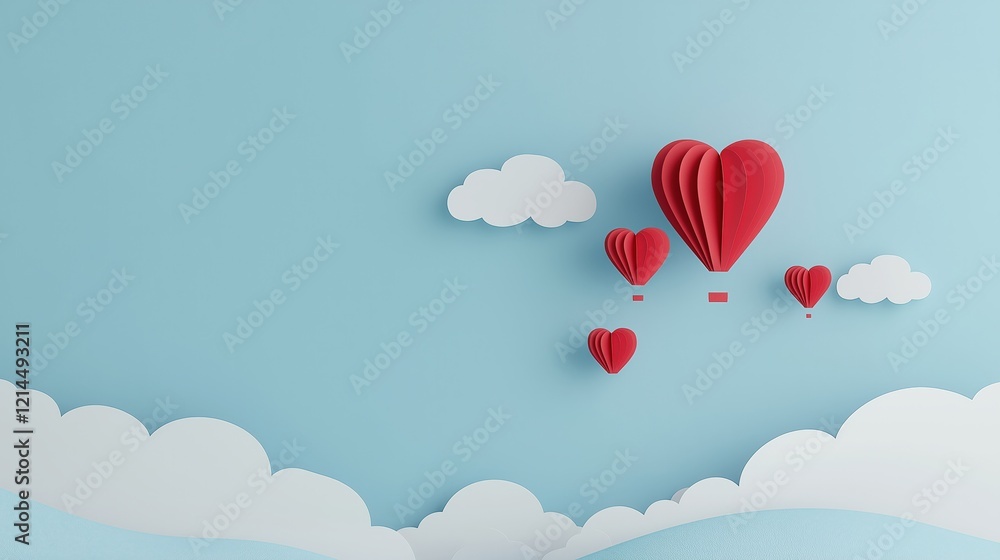 3D rendering of red heart-shaped hot air balloons in the sky 3D rendering of red heart-shaped hot air balloons in the sky