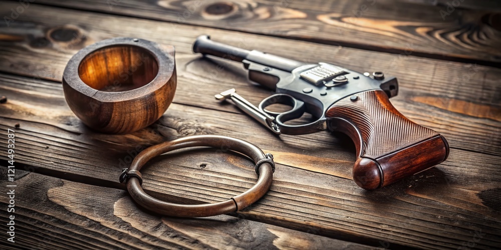 Obraz premium Minimalist Still Life: Handgun, Handcuffs, Smoking Pipe on Wood