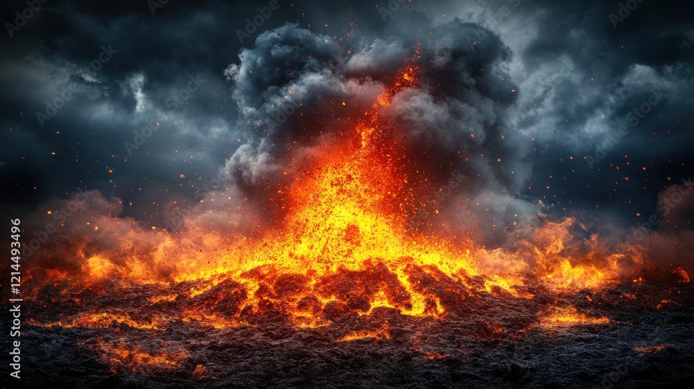 Volcanic eruption with fiery lava and dark clouds. A dramatic and powerful natural event. Volcanic eruption with fiery lava and dark clouds. A dramatic and powerful natural event.