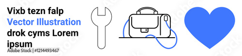 Wrench, bag, heart icon in blue and black with placeholder text. Ideal for websites, manuals, presentations, advertisements, business cards, educational materials, and marketing. Landing page