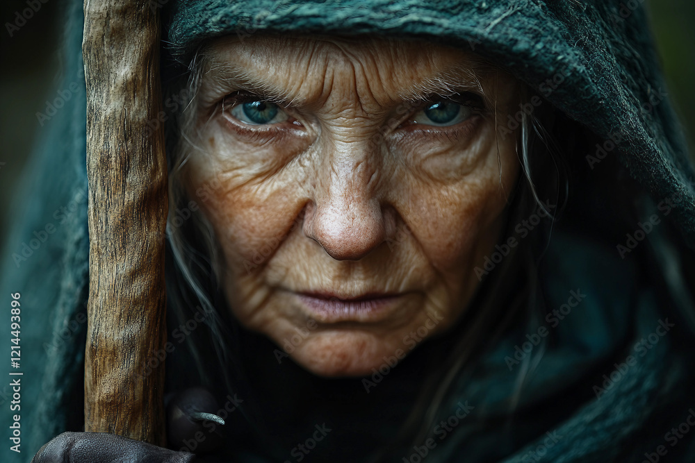 Elderly Witch Performing a Magic Curse with Intense Gaze and Wooden Staff, Generative AI artwork Elderly Witch Performing a Magic Curse with Intense Gaze and Wooden Staff, Generative AI artwork