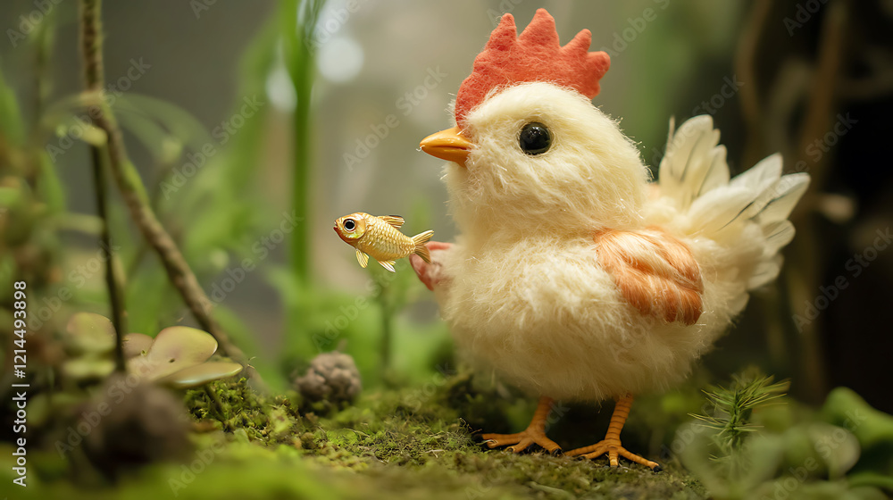 Obraz premium Cute stuffed hen holding a tiny fish