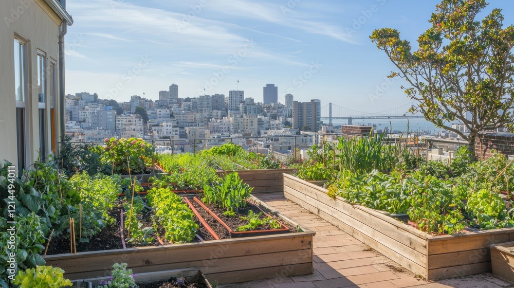 Fototapeta premium A rooftop garden with lush plants, herbs, and vegetables growing in raised beds, overlooking the city.