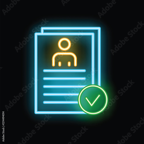Bright neon icon of a cv or resume with a green check mark, signifying a successful job application