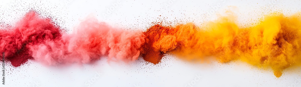 Fototapeta premium Colorful powder explosion creating a vibrant, abstract pattern on a white background. Ideal for use in artistic, festive, or creative designs.