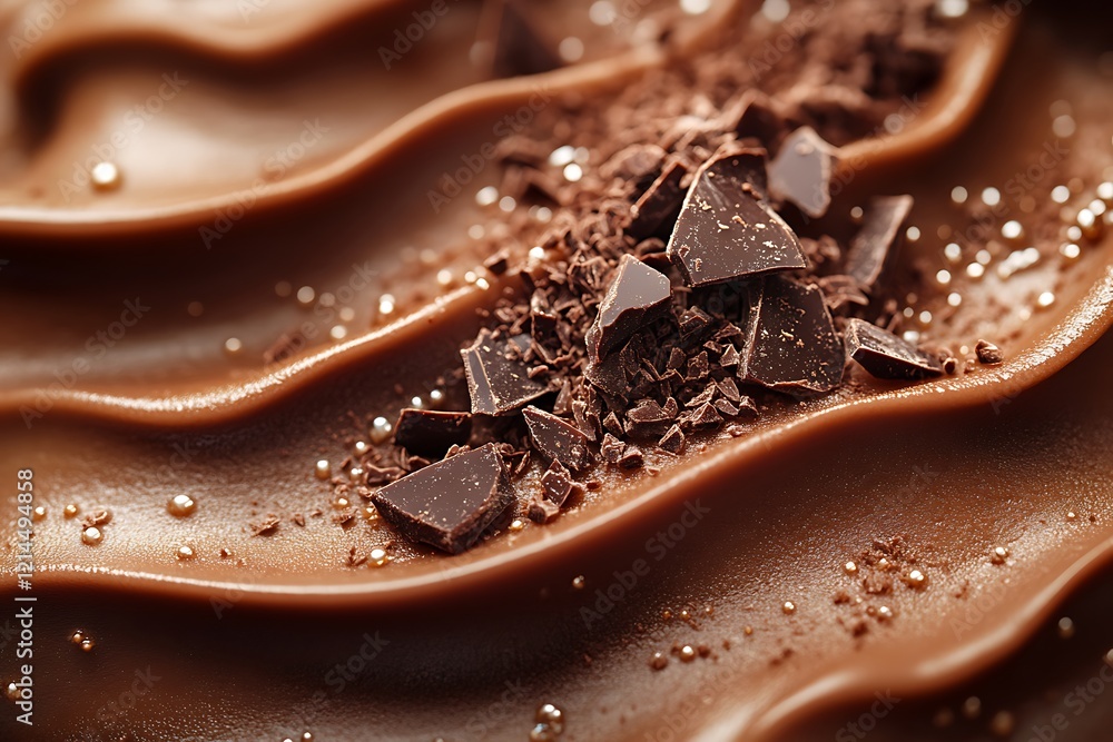 Close-up of luxurious dark chocolate swirls with chocolate shavings Close-up of luxurious dark chocolate swirls with chocolate shavings