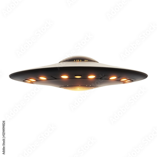 flying saucer with bright lights underneath isolated on transparent white background