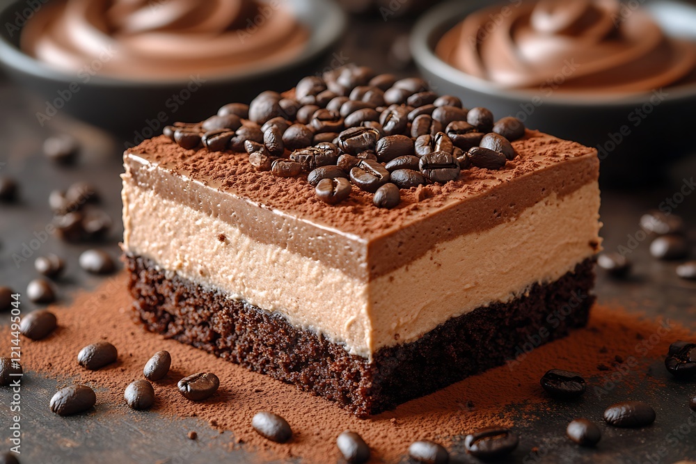 A delicious slice of layered coffee cake with chocolate frosting A delicious slice of layered coffee cake with chocolate frosting