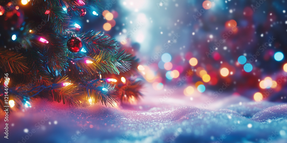 Blurred lights shining amongst christmas tree branches , holiday background Blurred lights shining amongst christmas tree branches , holiday background