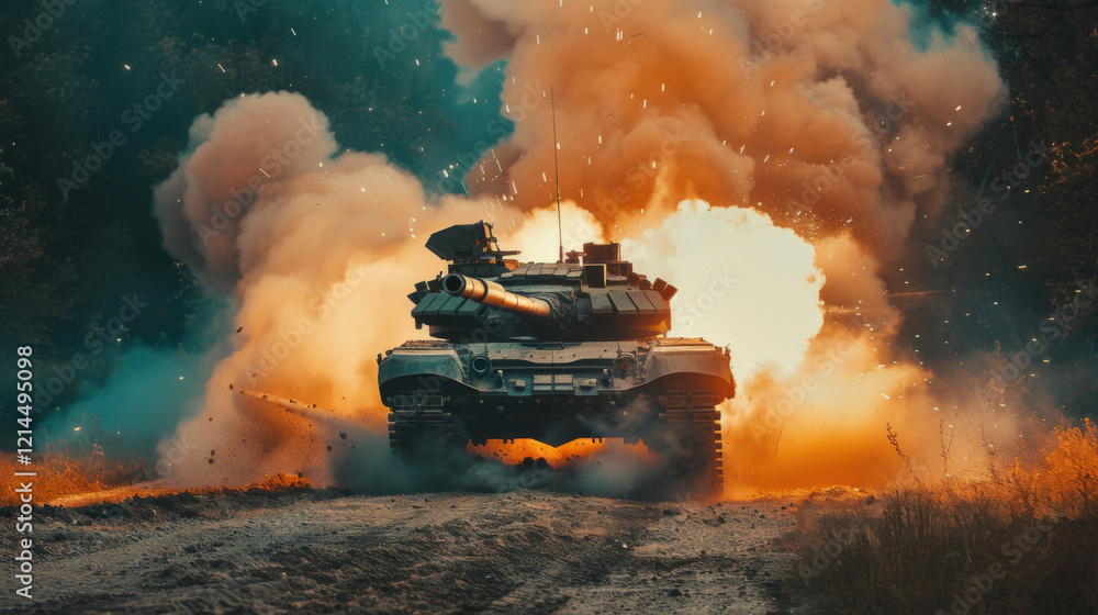 Fototapeta premium Tank fires a powerful shot in a field of grass with trees in the background