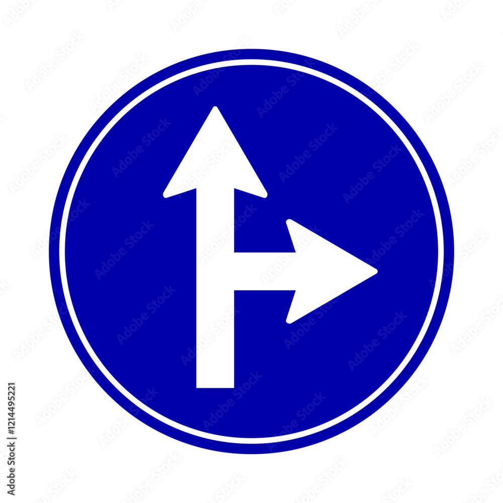 Driving straight ahead or turning right mandatory sign. Vector illustration.
Driving straight ahead or turning right mandatory sign. Vector illustration.
