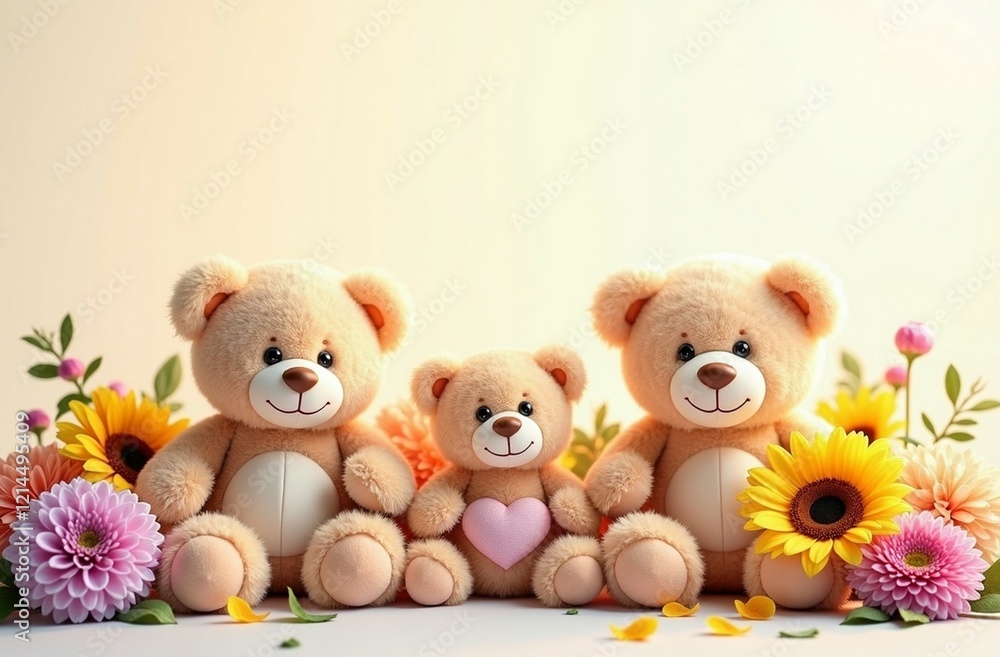 Soft and Cuddly Teddy Bears Surrounded by Colorful Flowers Soft and Cuddly Teddy Bears Surrounded by Colorful Flowers