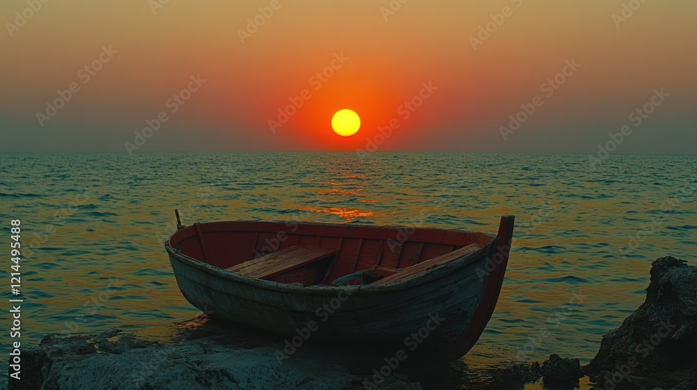 Sunset ocean boat shore calmness serenity travel Sunset ocean boat shore calmness serenity travel