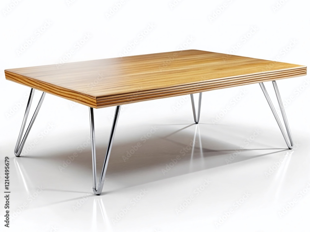 Fototapeta premium Minimalist Wooden Coffee Table with Metal Legs - Line Sketch Engraving on White Background