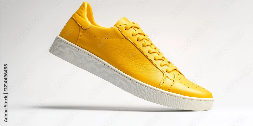 Flying yellow leather sneakers isolated on white background.