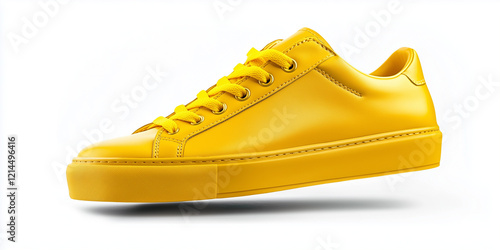 Flying yellow leather sneakers isolated on white background.