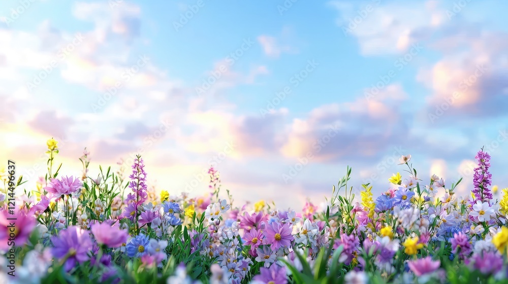Colorful wildflowers bloom under a sunset sky, idyllic scene for spring or summer greeting cards