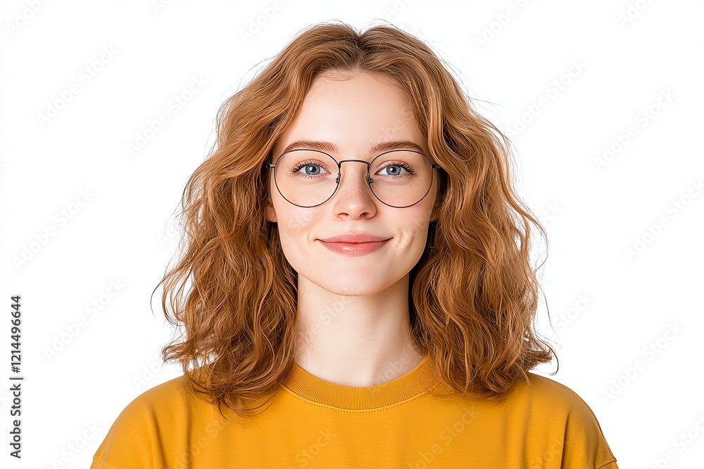 Obraz premium Portrait of a cheerful woman with curly hair and glasses, wearing a casual yellow t-shirt, smiling warmly against a white background.