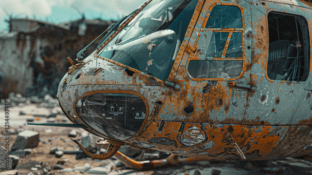 Military Helicopter Wreckage: A close-up of military helicopter wreckage in a war-torn area, highlighting the costs of conflict and destruction. Military Helicopter Wreckage: A close-up of military helicopter wreckage in a war-torn area, highlighting the costs of conflict and destruction.