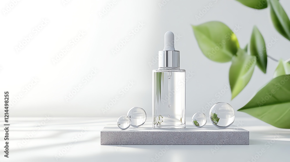 Minimalistic skincare serum bottle with droppers and green leaves, symbolizing purity and elegance in a serene setting. Minimalistic skincare serum bottle with droppers and green leaves, symbolizing purity and elegance in a serene setting.