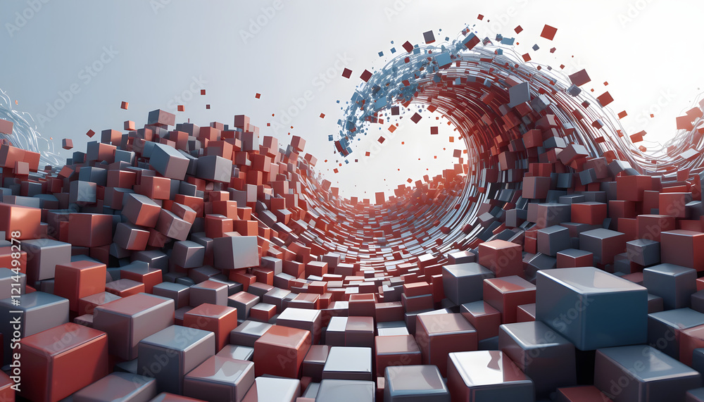 Obraz premium Dynamic wave of cubes in red and blue colors creating an abstract 3D surface design